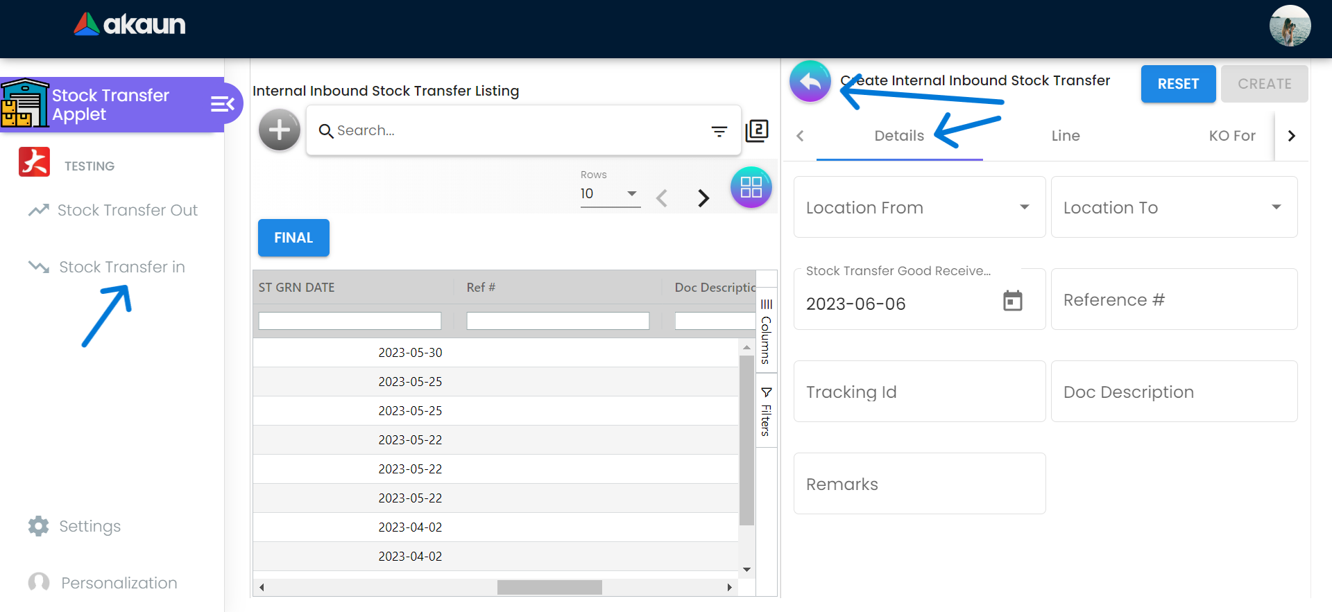 Create Internal Inbound Stock Transfer Details