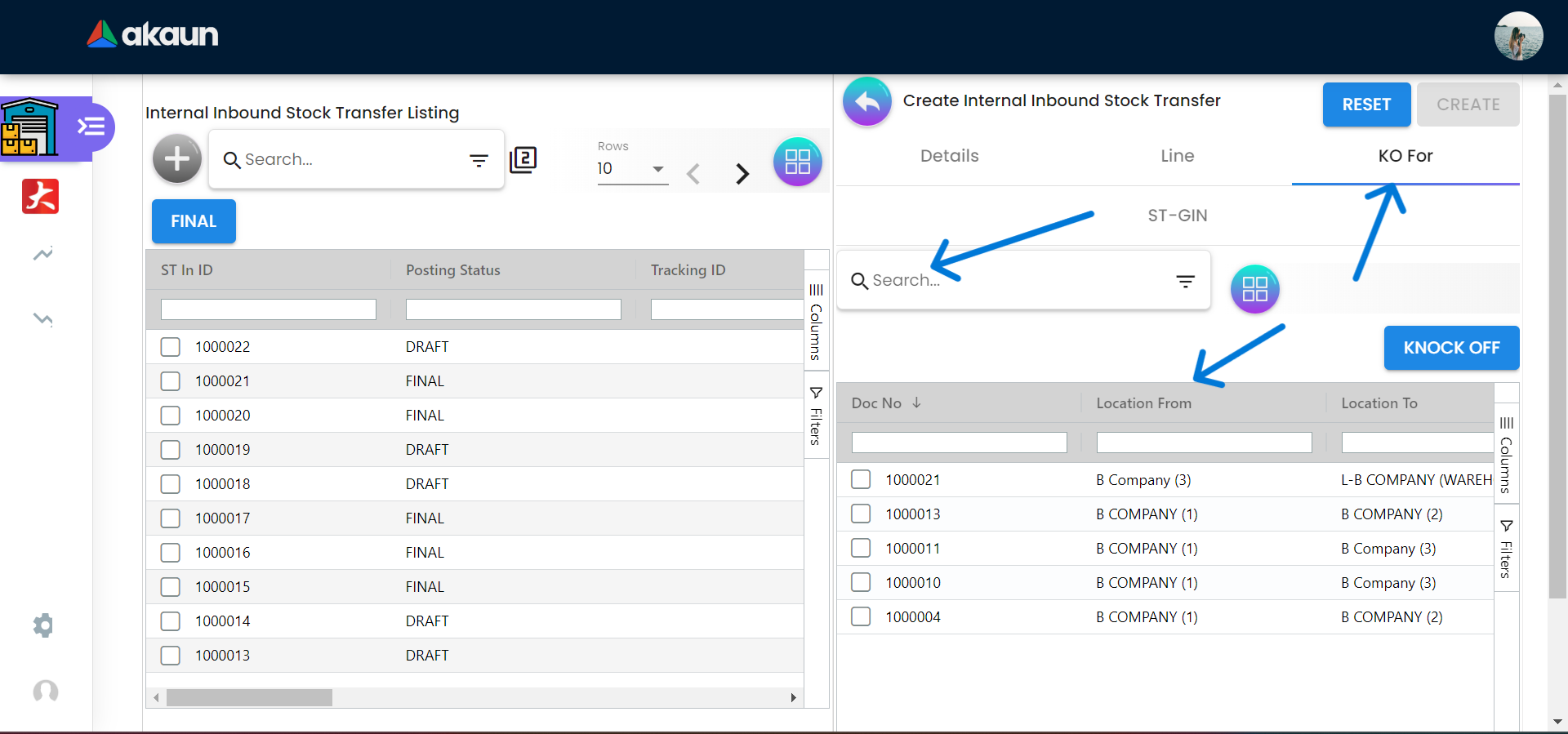 Create Internal Inbound Stock Transfer KOFor