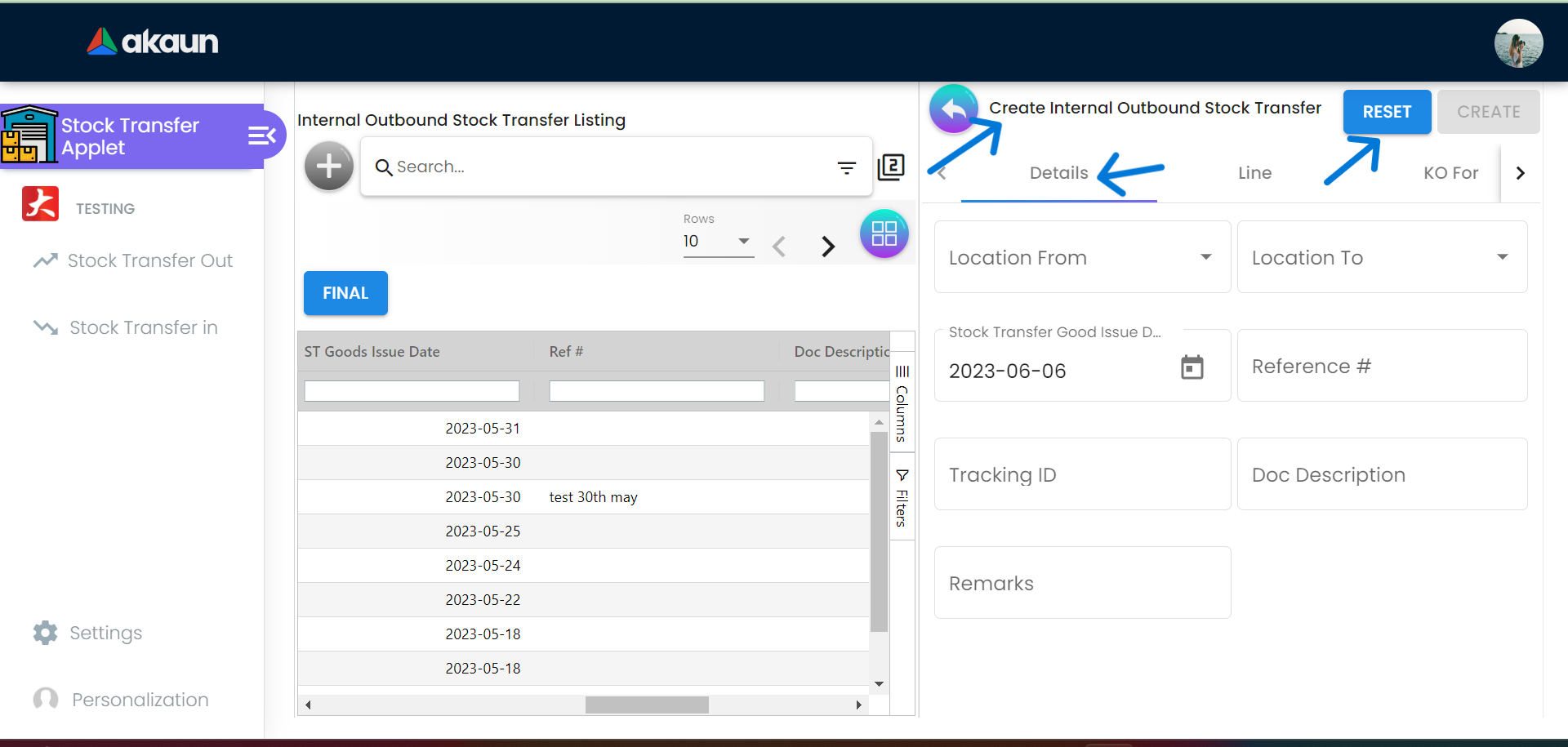 Create Internal Outbound Stock Transfer Details