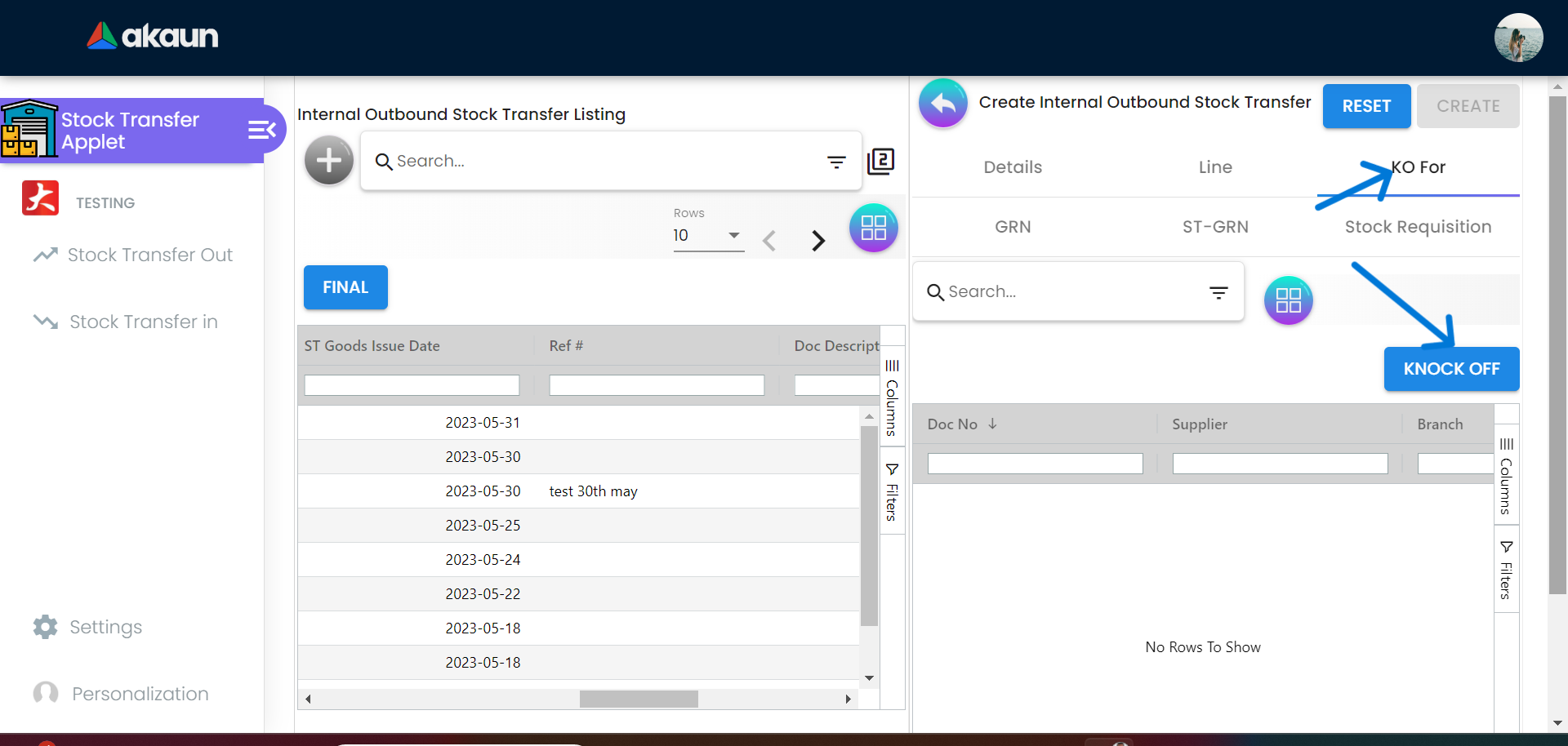 Create Internal Outbound Stock Transfer KOFor