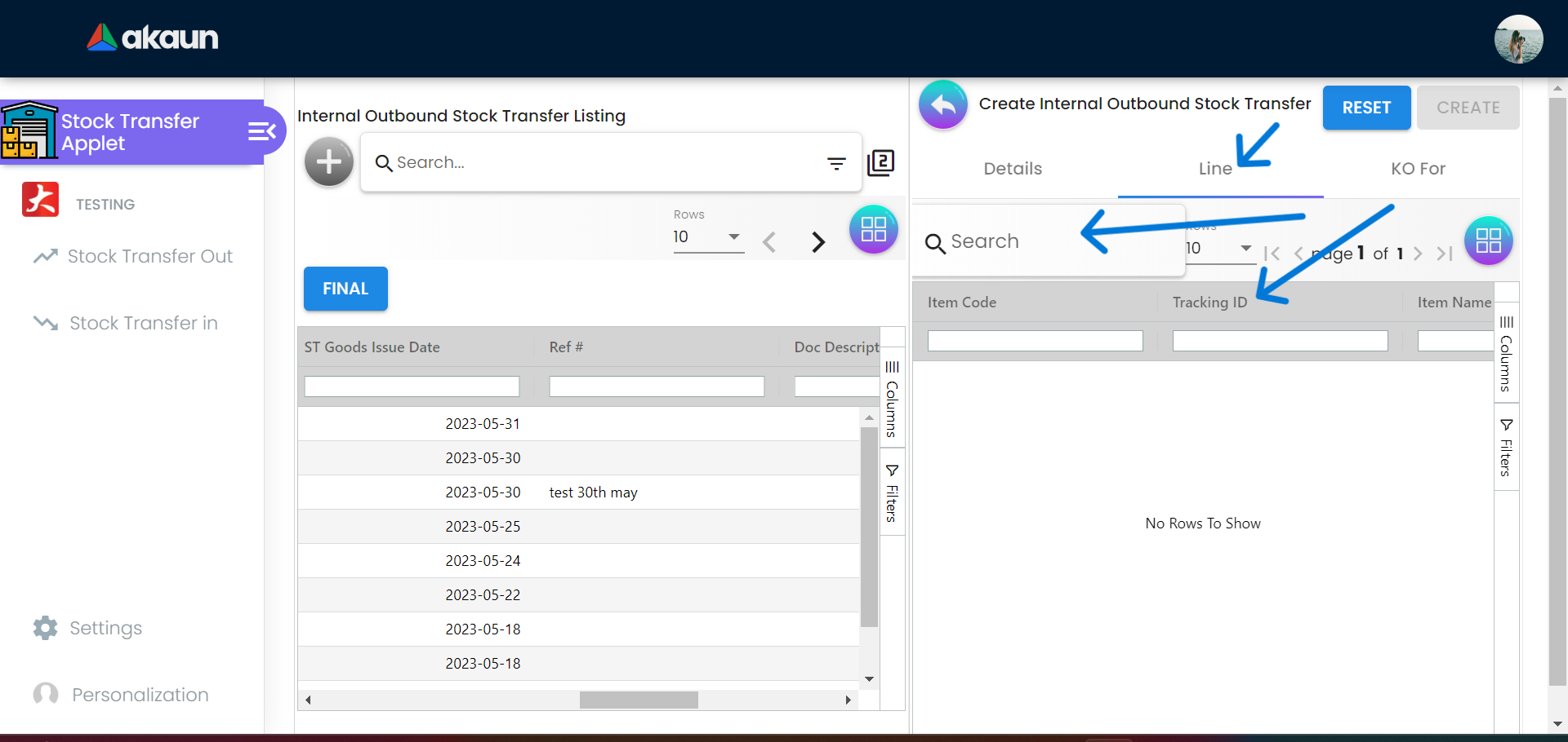 Create Internal Outbound Stock Transfer Line