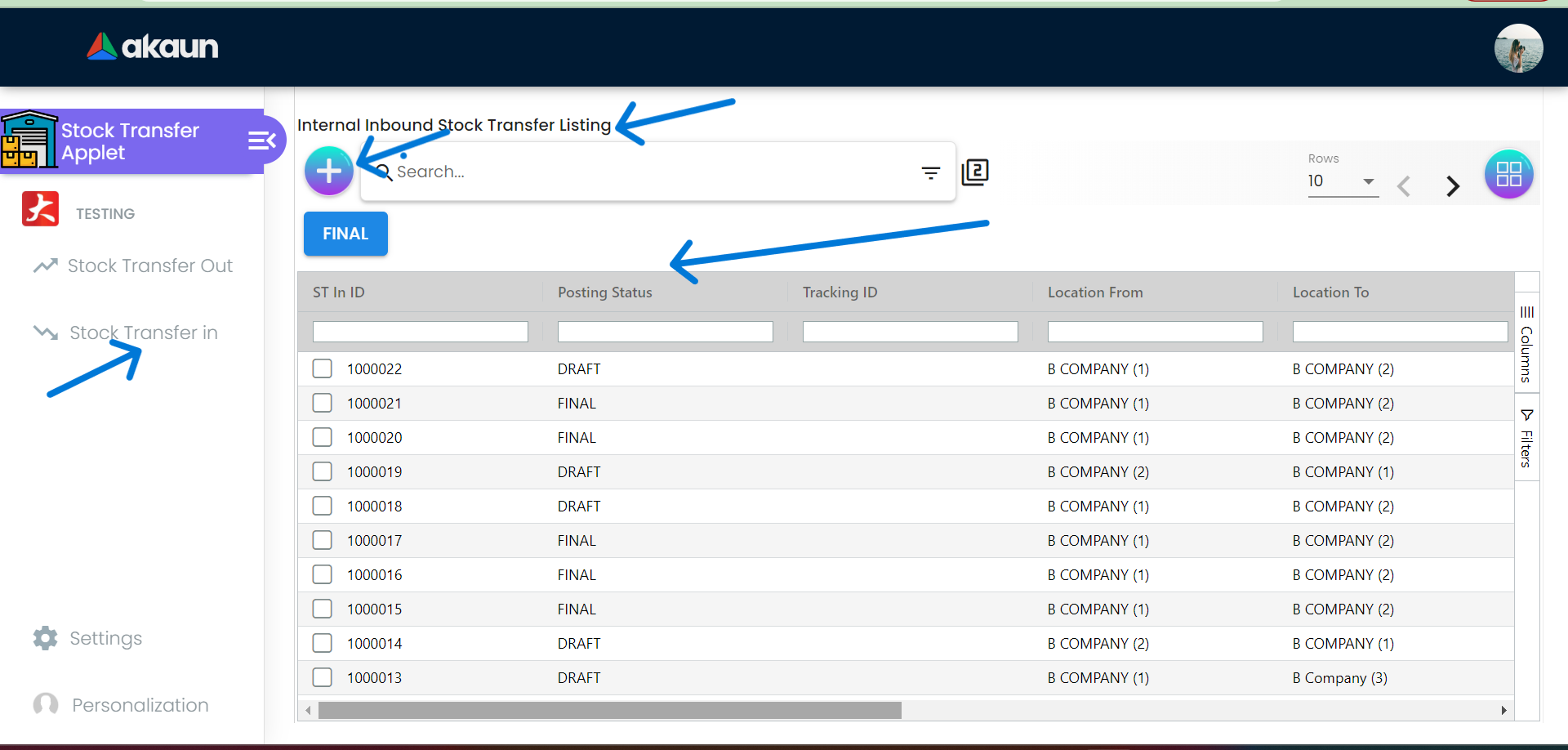 Internal Inbound Stock Transfer Listing
