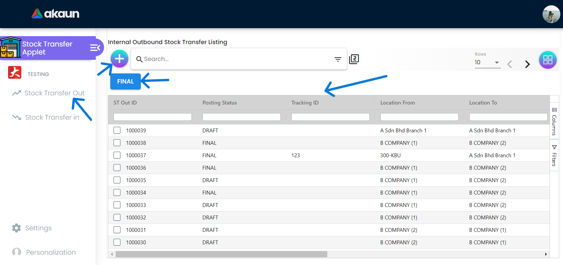 Internal Outbound Stock Transfer Listing