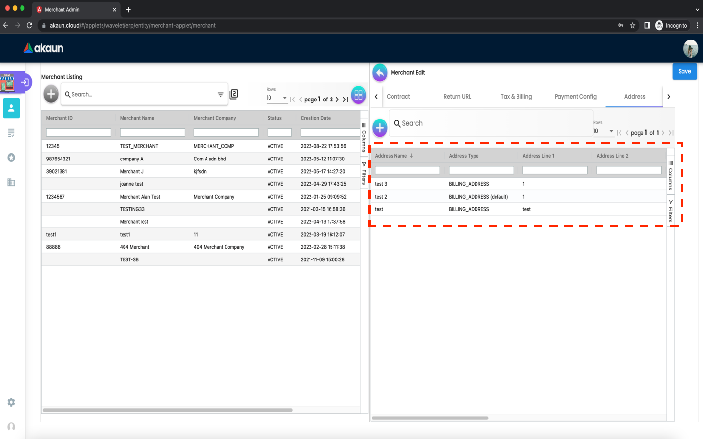Merchant EditMerchant Address AddressListing