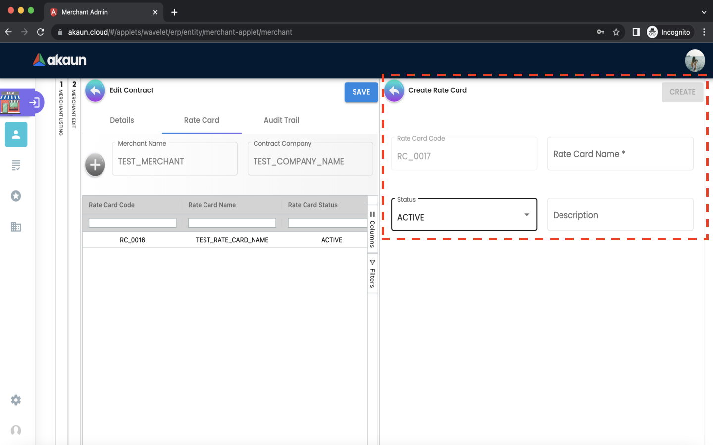 Merchant EditMerchant Contract ContractEdit RateCard RateCardCreate