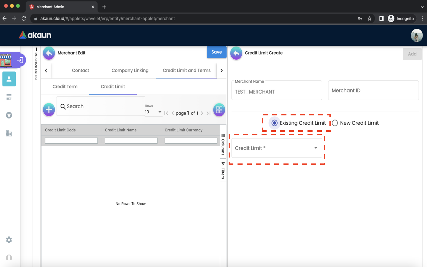 Merchant EditMerchant CreditLimitandTerms CreditLimit CreditLimitCreate Existing