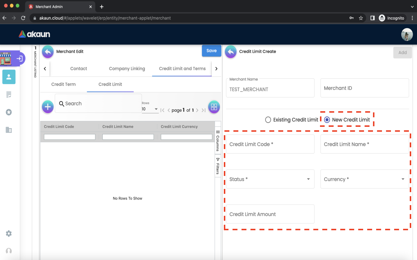 Merchant EditMerchant CreditLimitandTerms CreditLimit CreditLimitCreate New