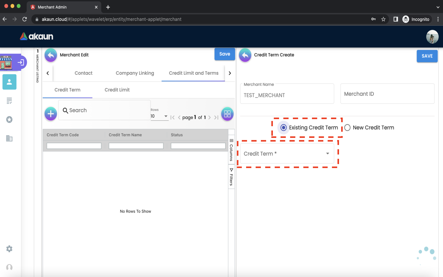 Merchant EditMerchant CreditLimitandTerms CreditTerm CreditTermCreate Existing
