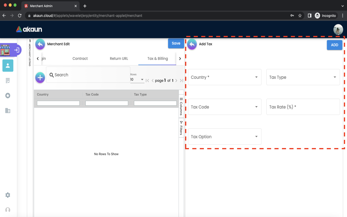 Merchant EditMerchant Tax Billing Tax BillingCreate