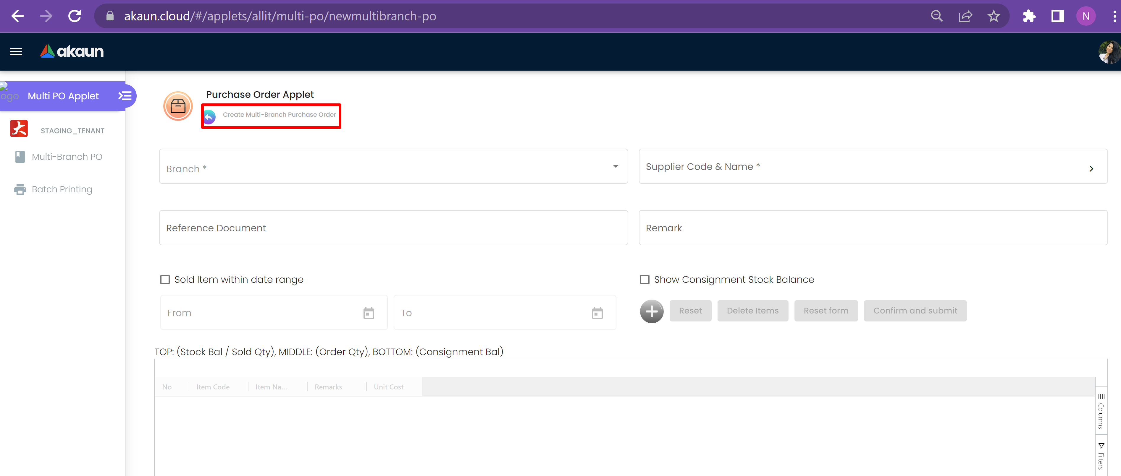 Create Multi Branch Purchase Order