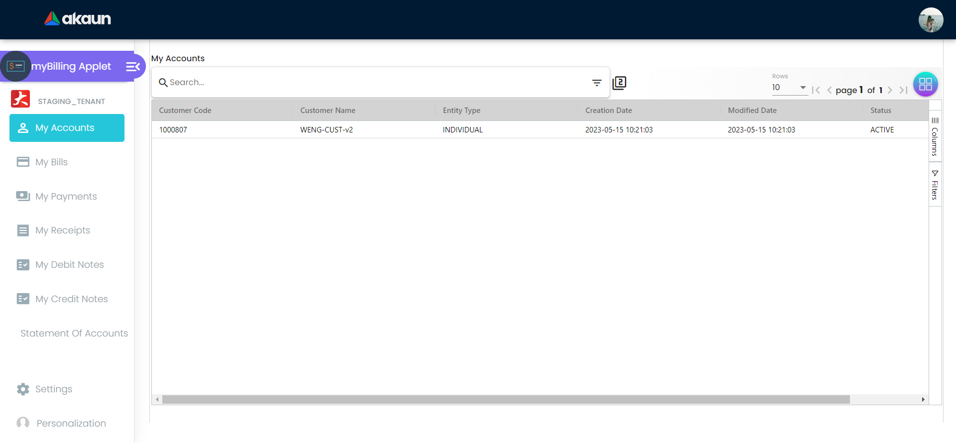 My Accounts Listing