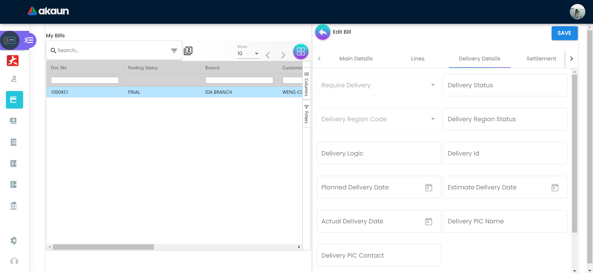 Delivery Details Tab