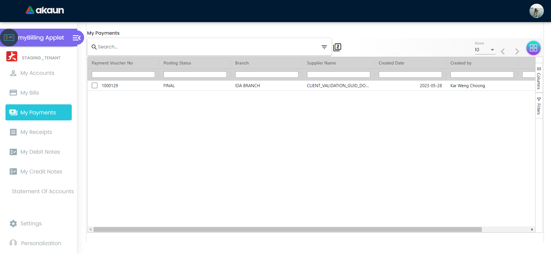 My Payments Listing