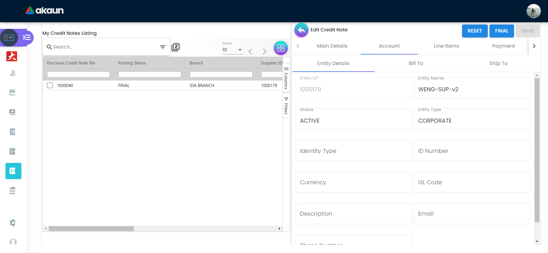 Account Tab - Entity Details