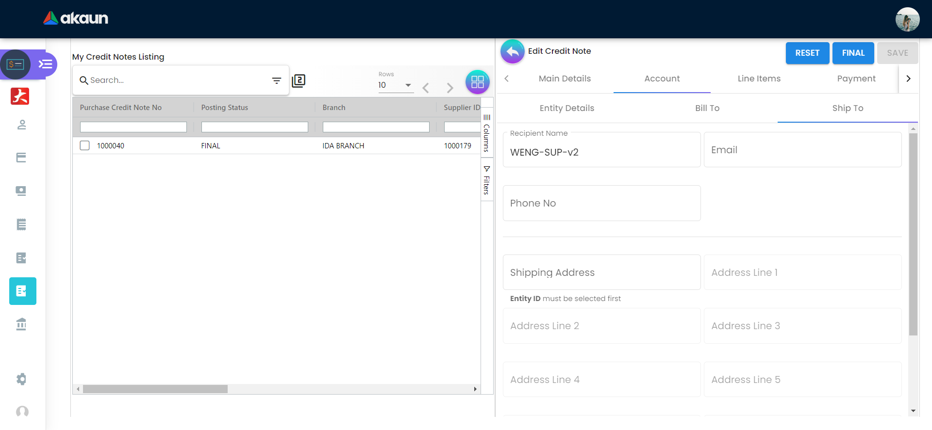 Account Tab - Ship To