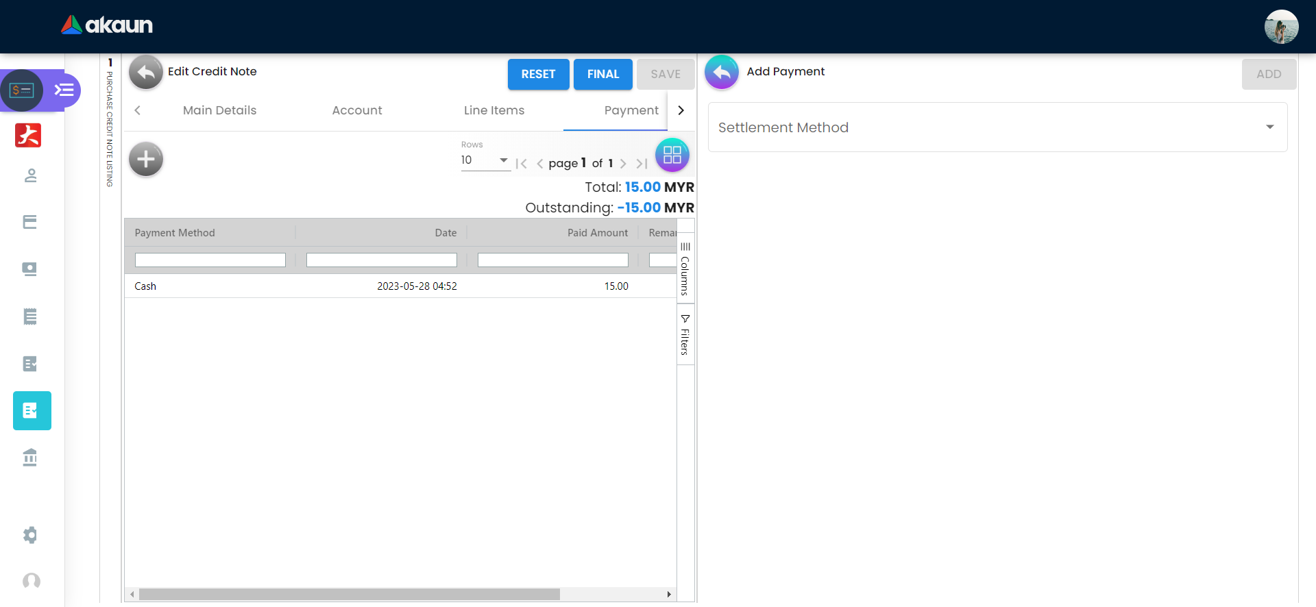 Payment Tab - Add Payment