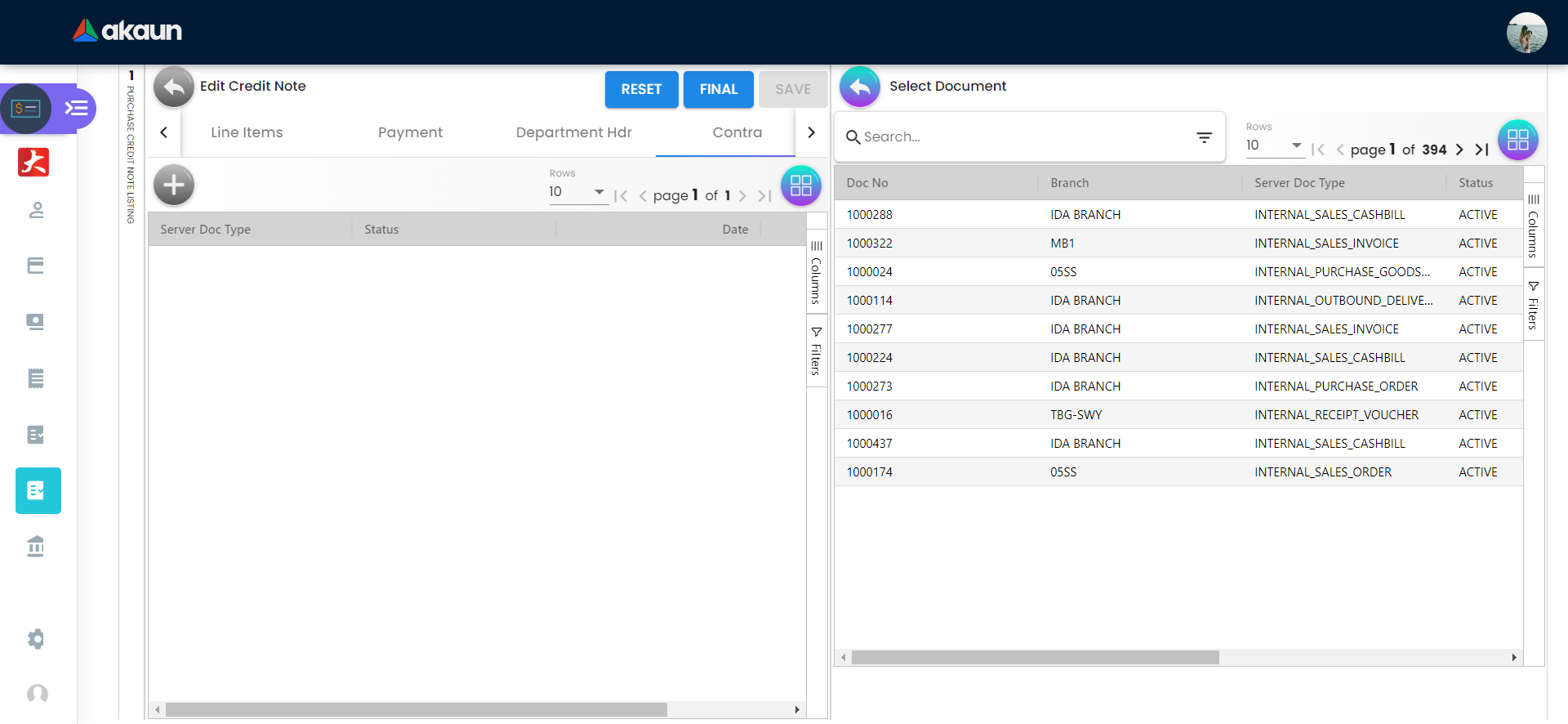 Contra Tab - Select Document