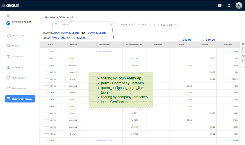 Statement of Account Listing