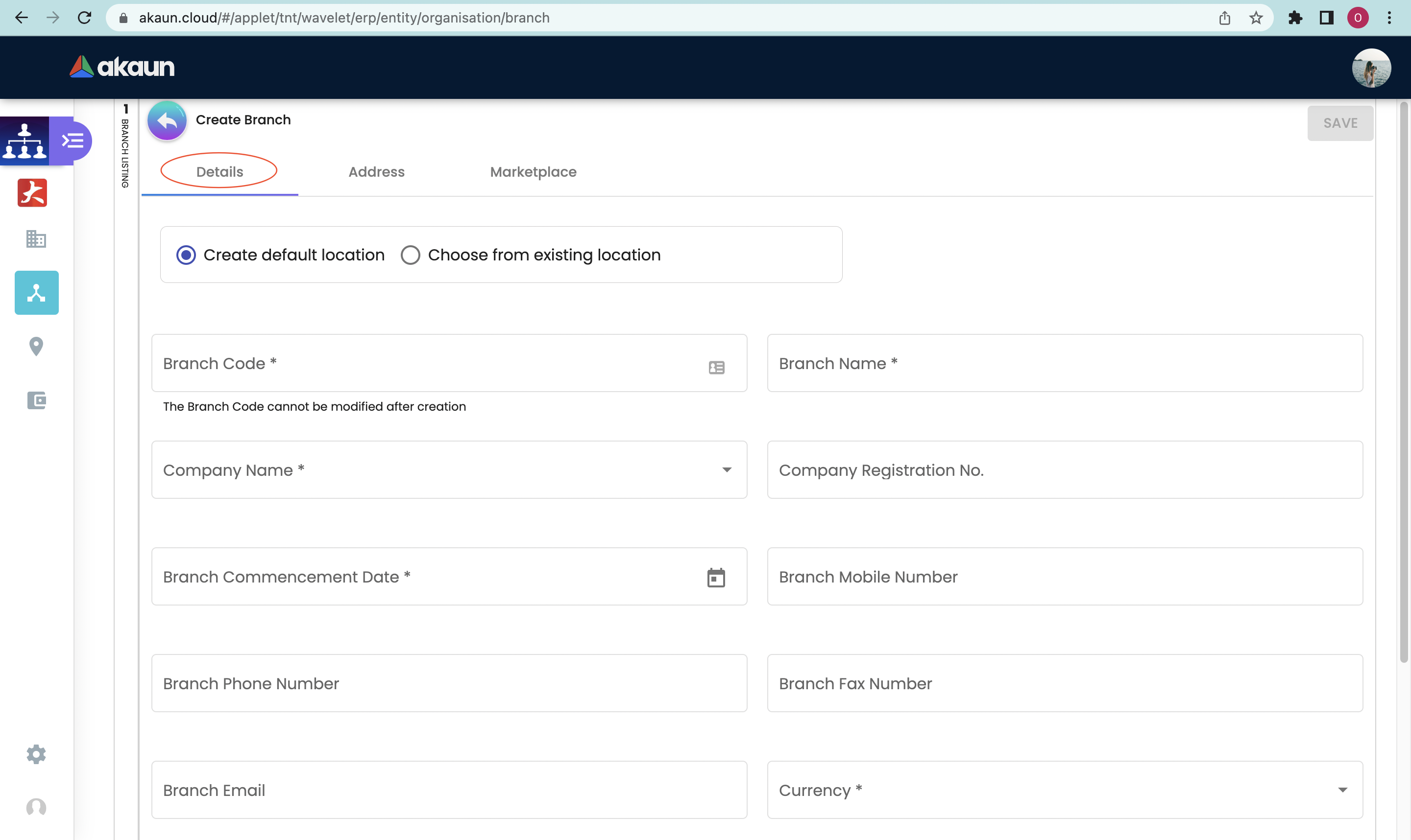 Create Branch Details