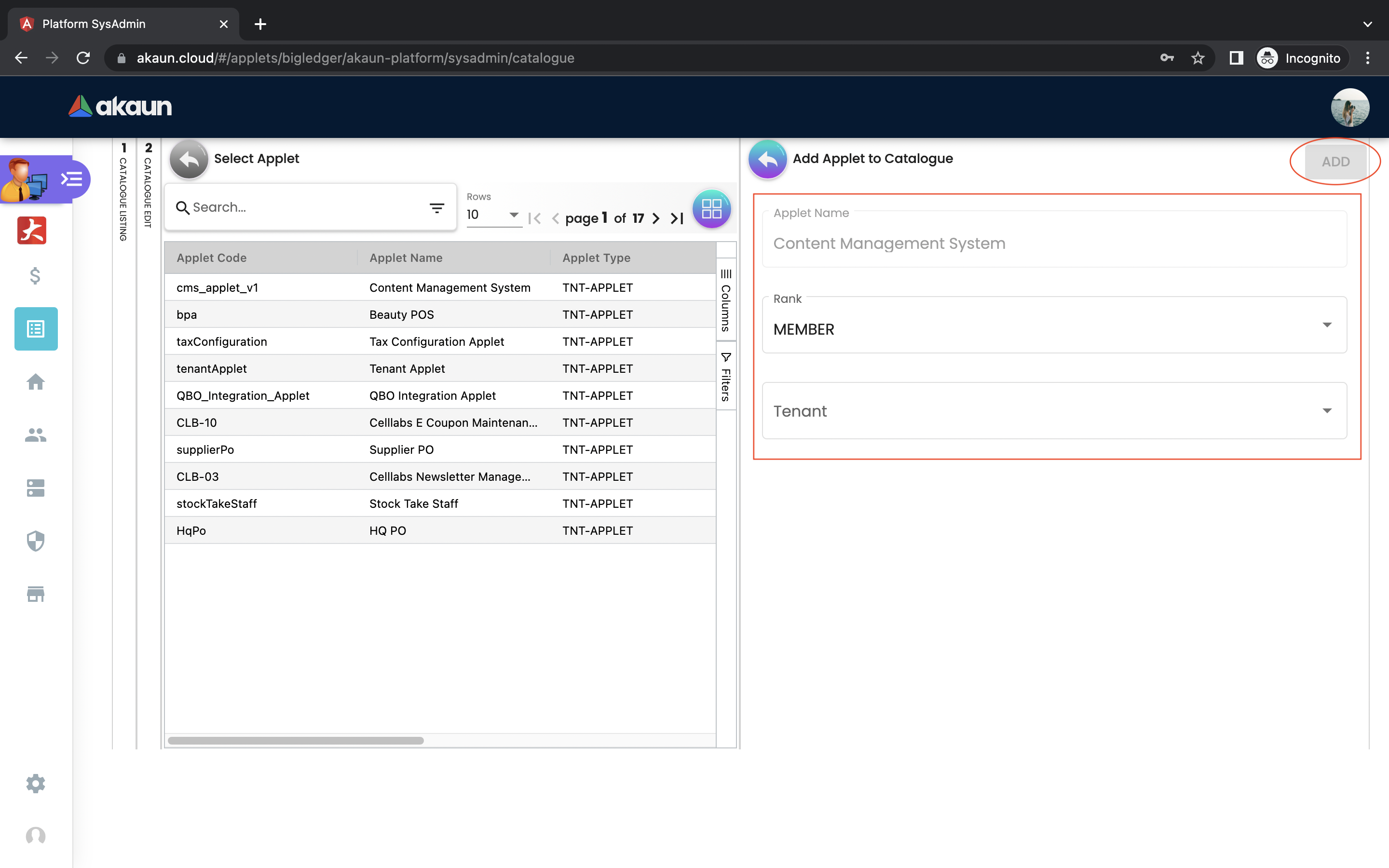 Add Applet to Catalogue