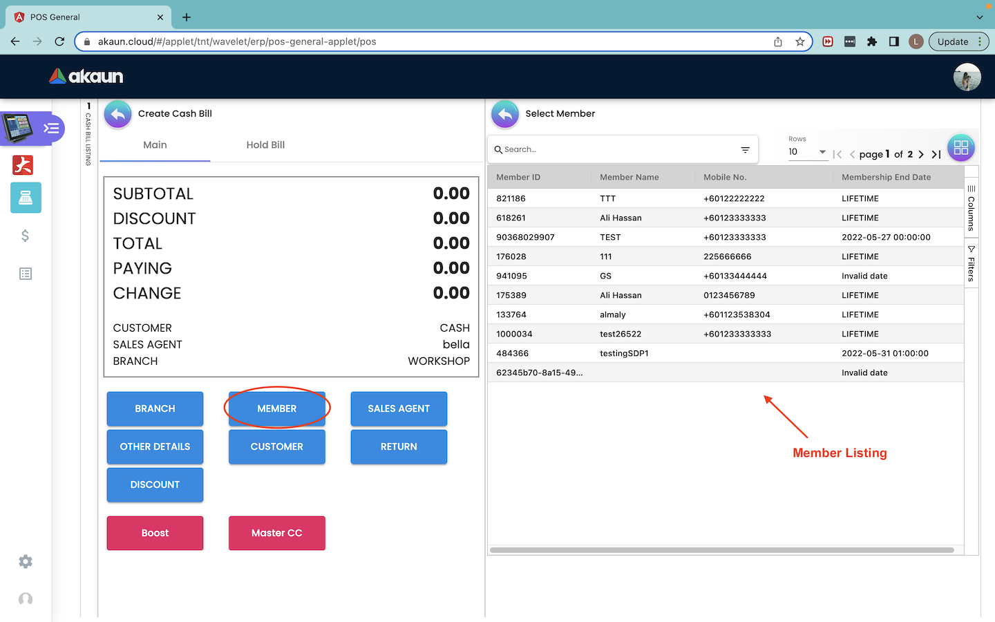 Create Cash Bill(Member Listing)