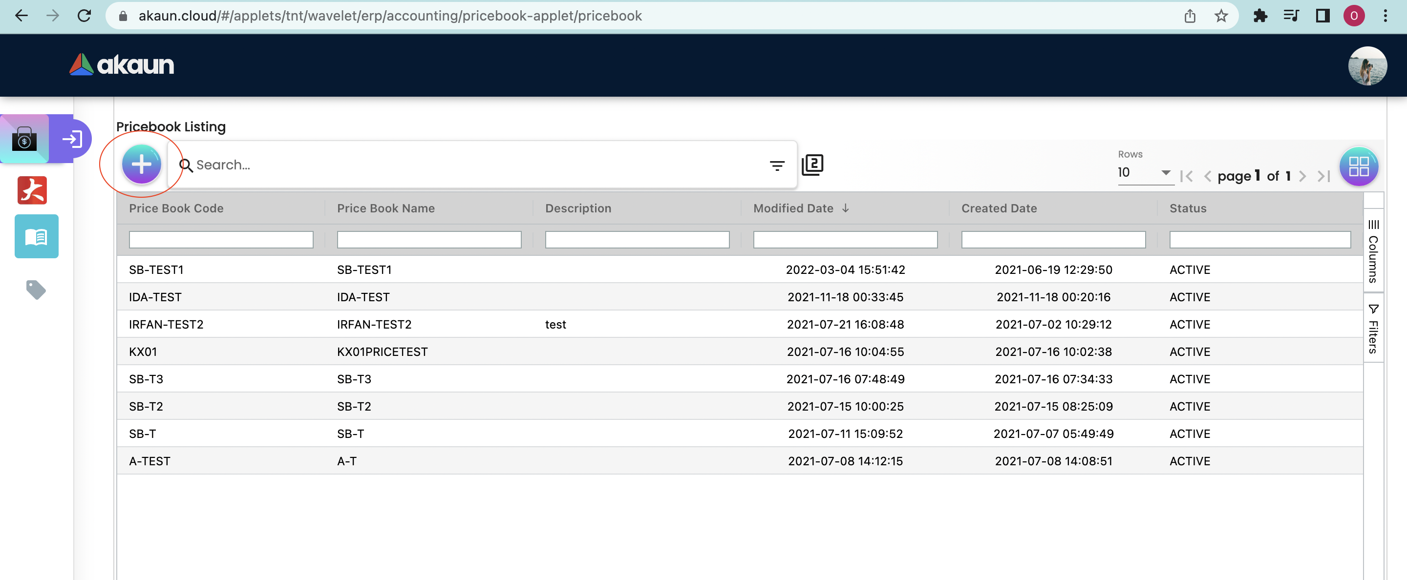Pricebook Listing Main Page