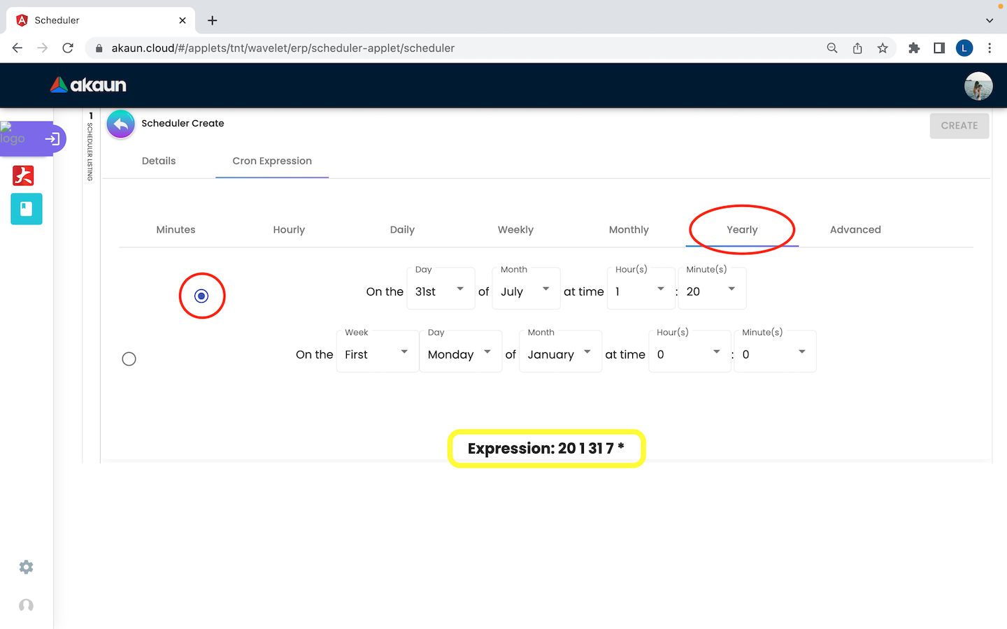 CreateScheduler CronExpression Yearly 1