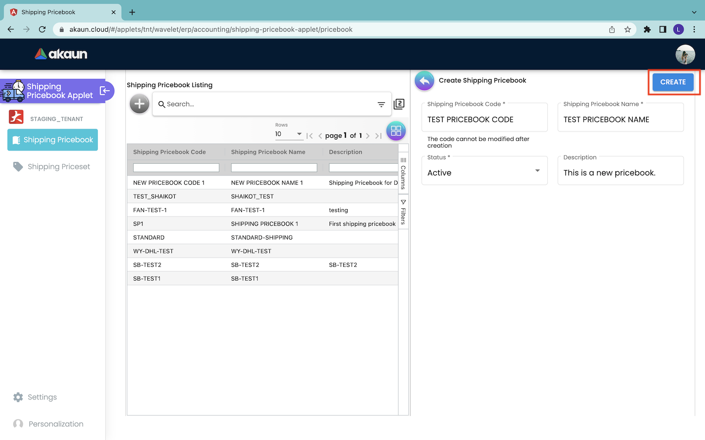 Create Shipping Pricebook