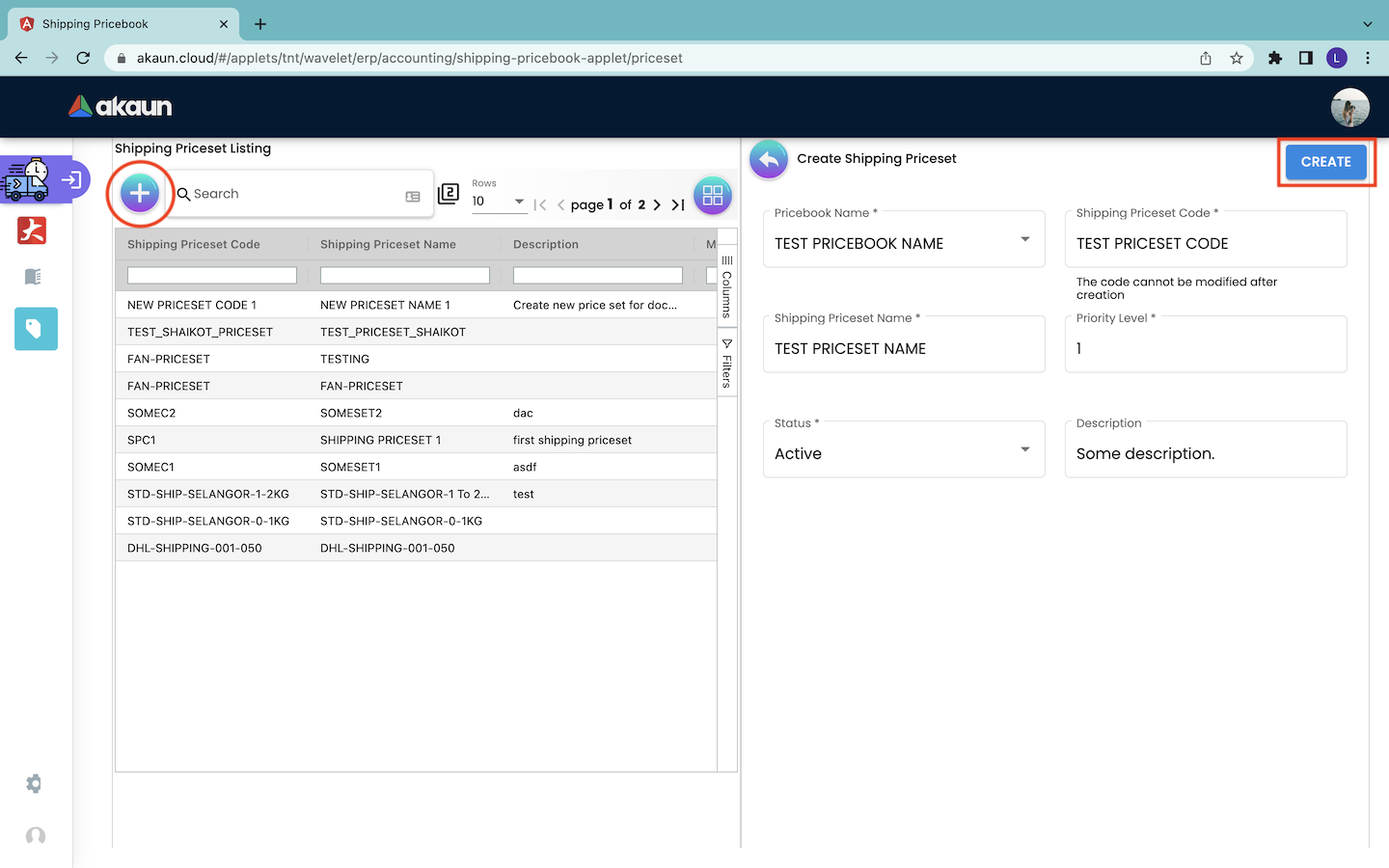 Create Shipping Priceset