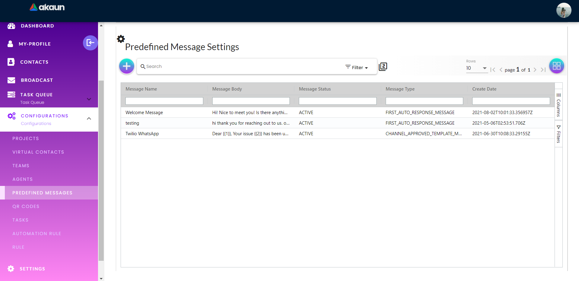 config predefined msg list