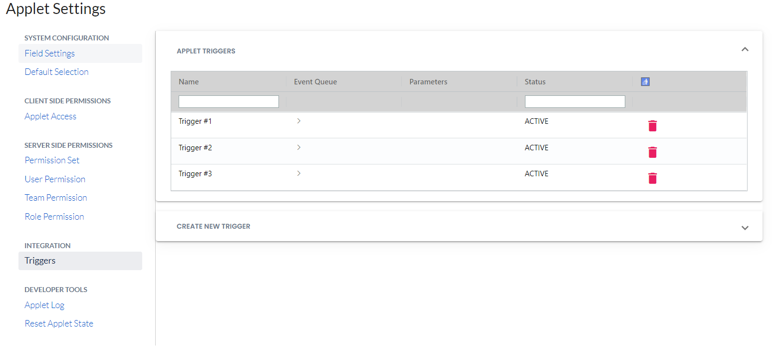 settings integration triggers list