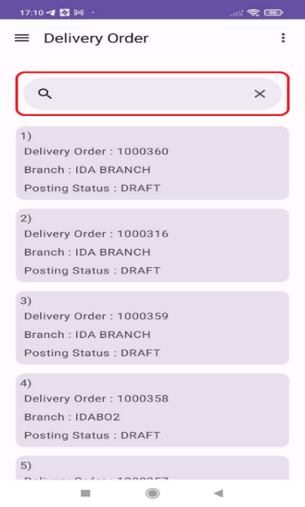 Search bar for delivery order
