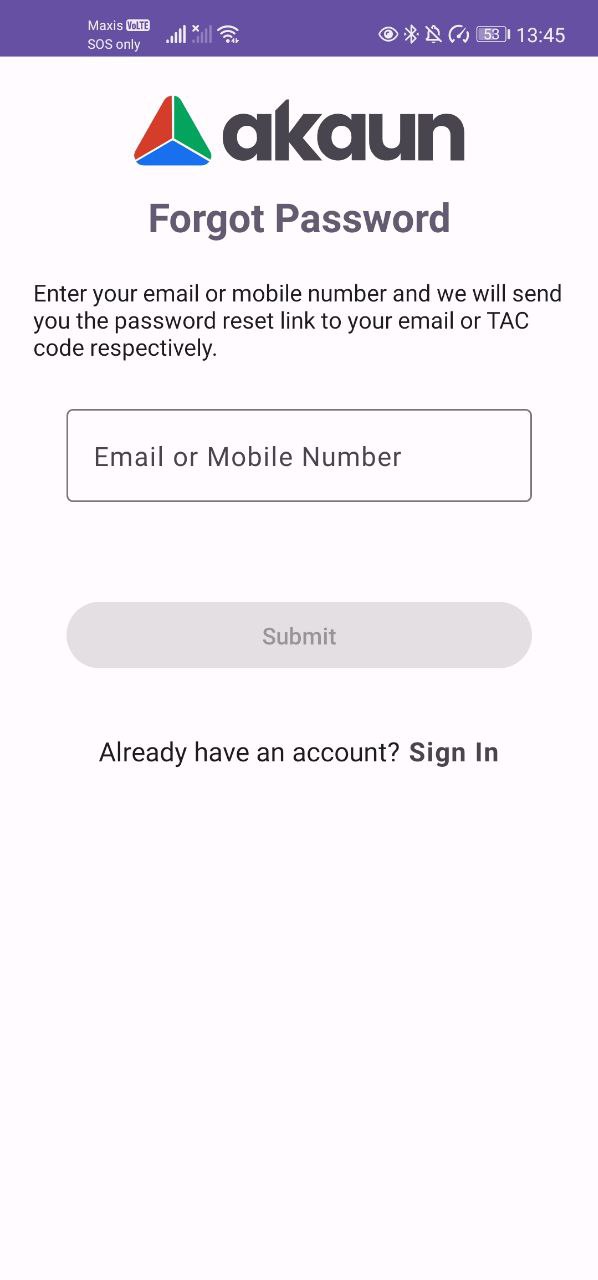 Forgot password screen